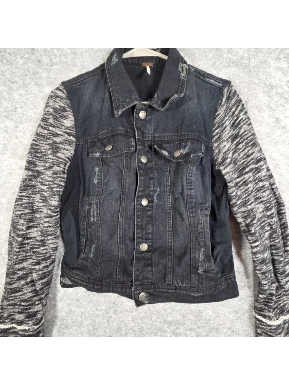 Free People Denim Jacket Layered Knit Hooded Dark Washed Women's Size Small - Picture 3 of 9